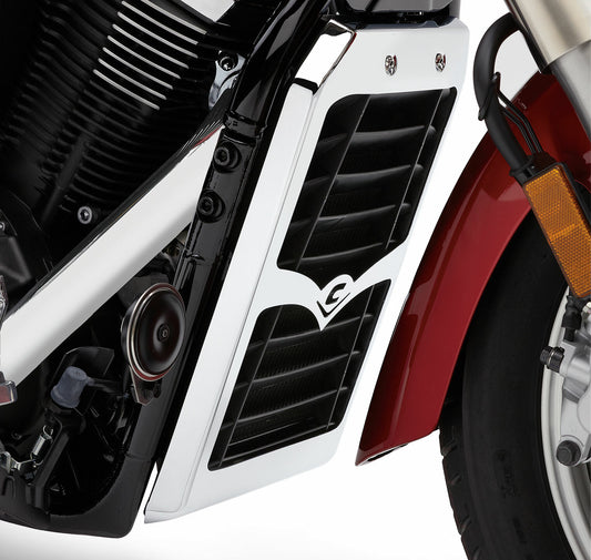 Chrome COBRA radiator cover for Yamaha Stryker 2011-2018 motorcycle, part 05-9370, with a sleek, polished finish.