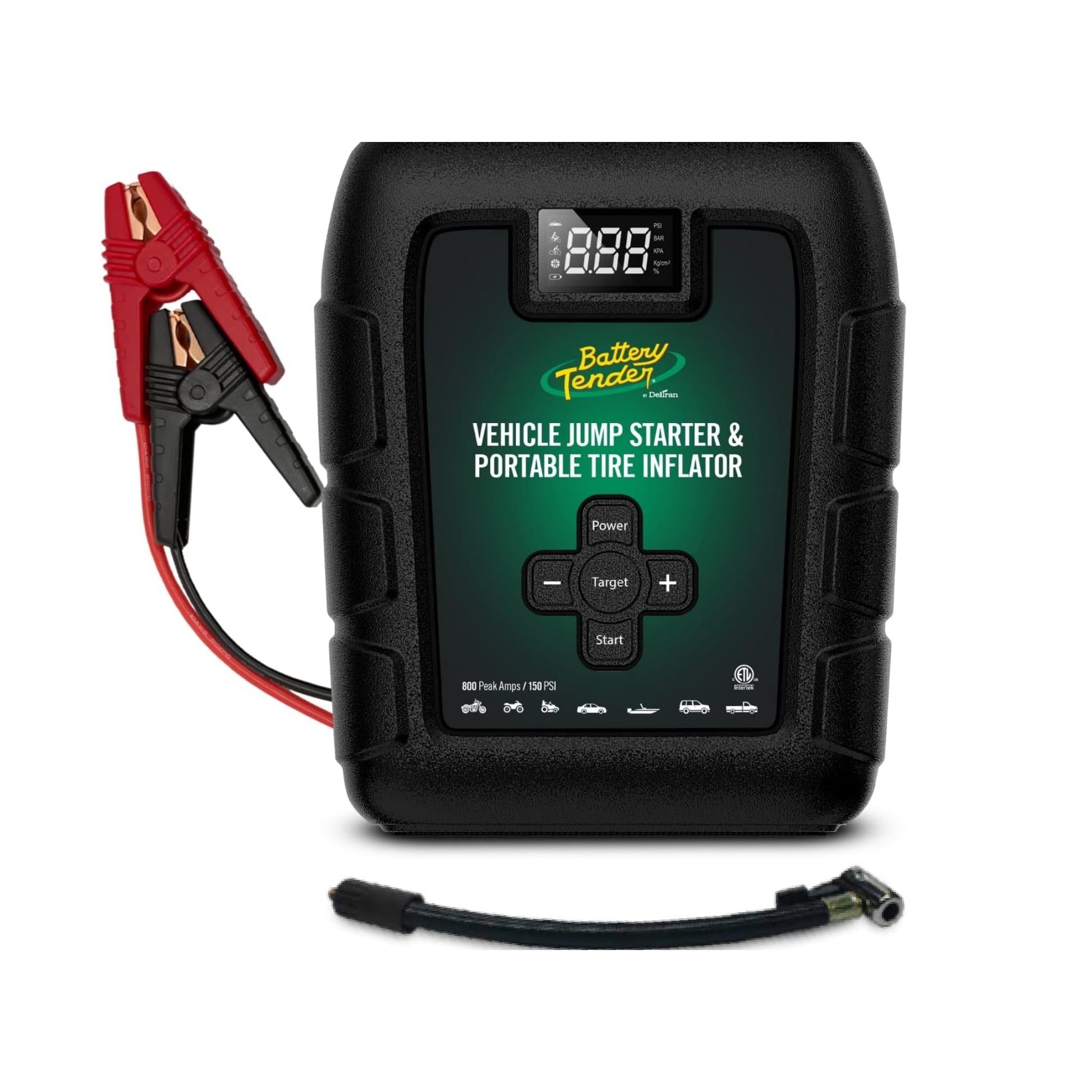 Battery Tender 800A 12V lithium jump starter with tire inflator, showcasing compact design and multi-purpose functionality.