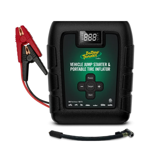 Battery Tender 800A 12V lithium jump starter with tire inflator, showcasing compact design and multi-purpose functionality.