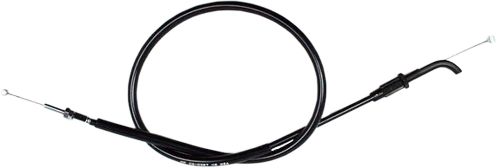 Black vinyl throttle pull cable for motorcycles and ATVs by MOTION PRO, model 03-0387, with metal connectors and durable construction.