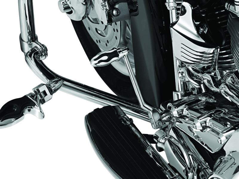 Kuryakyn Flamin Shift Peg for Harley-Davidson, chrome motorcycle foot peg with flame design and mounting hardware.