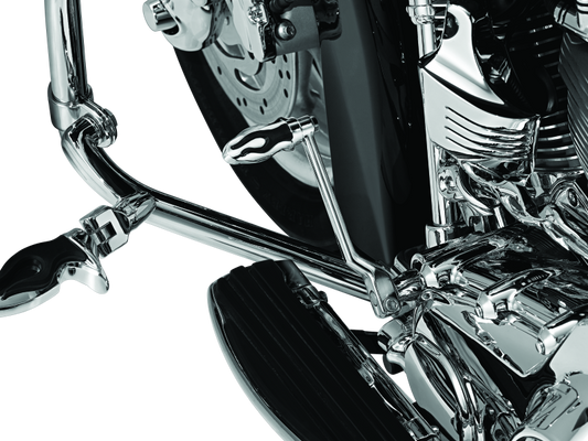 Kuryakyn Flamin Shift Peg for Harley-Davidson, chrome motorcycle foot peg with flame design and mounting hardware.