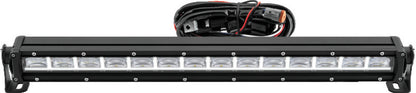 QuadBoss 21.5-inch single row DRL LED light bar with combo flood and spot beams mounted on a vehicle for off-road lighting.