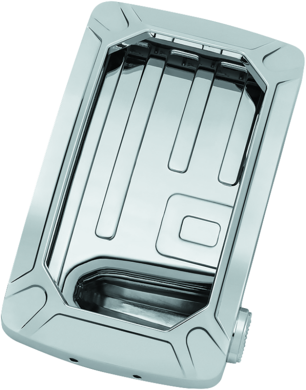 Chrome Kuryakyn Nova Curved Vertical Mount Side License Plate Holder with wraparound LED lighting and no visible fasteners
