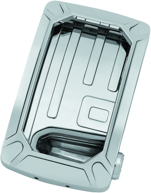 Chrome Kuryakyn Nova Curved Vertical Mount Side License Plate Holder with wraparound LED lighting and no visible fasteners
