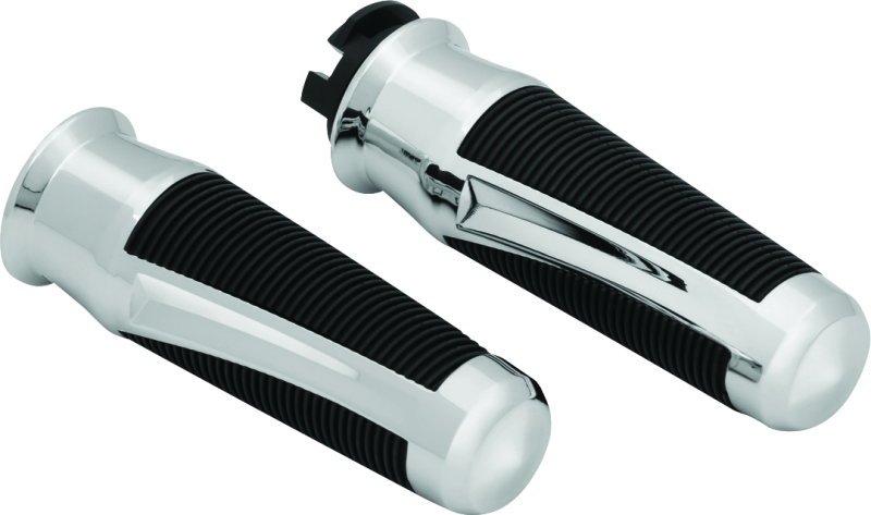 Kuryakyn Phantom Grips in chrome for Indian Scout motorcycles, featuring ergonomic design and detailed branding.