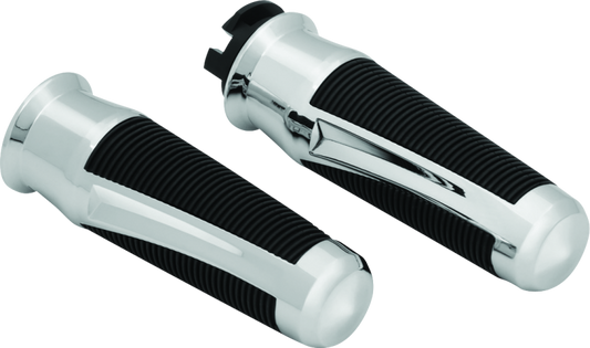 Kuryakyn Phantom Grips in chrome for Indian Scout motorcycles, featuring ergonomic design and detailed branding.