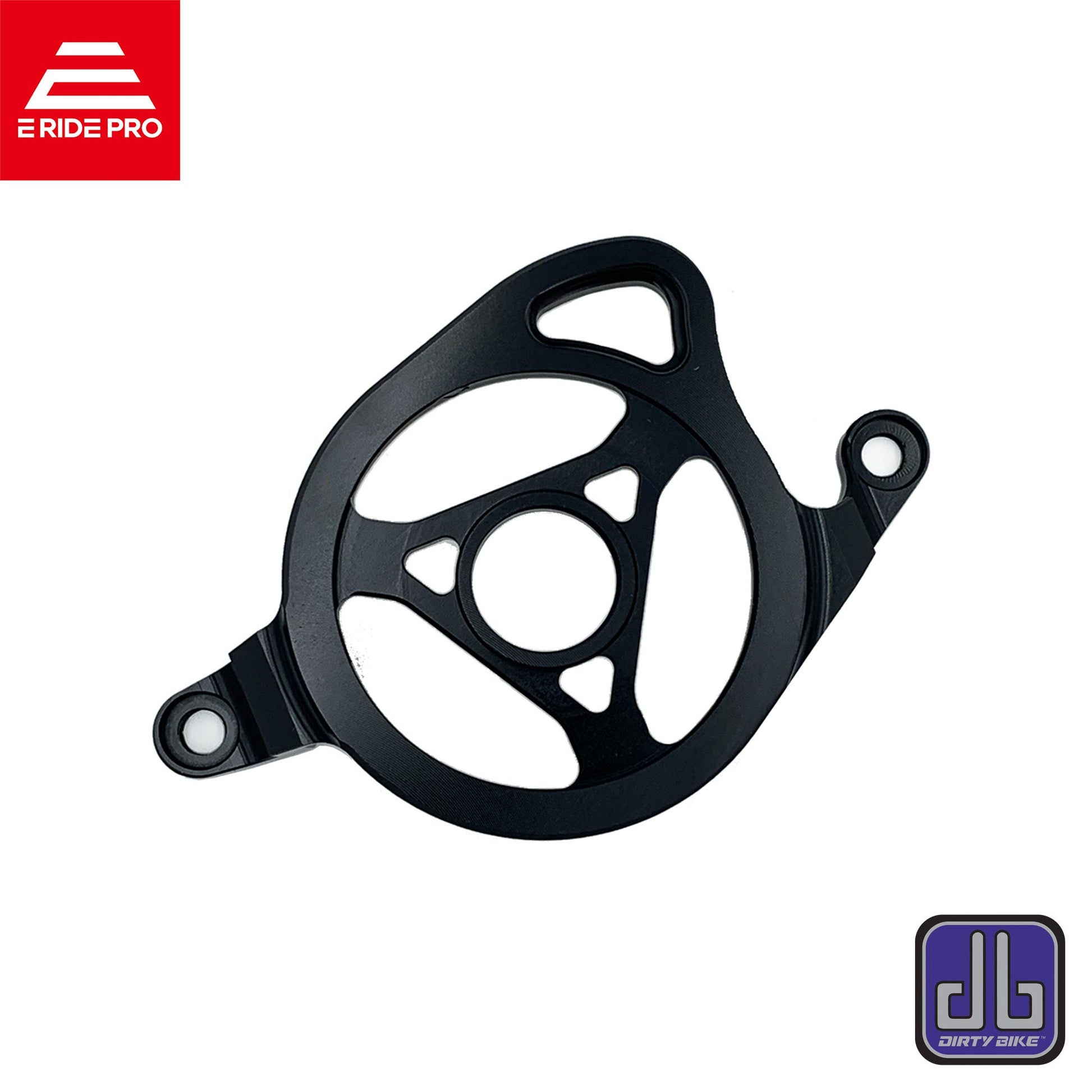 Black aluminum CNC motor sprocket cover for Surron LBX electric bike, compatible with E Ride Pro by eDirtyBike.