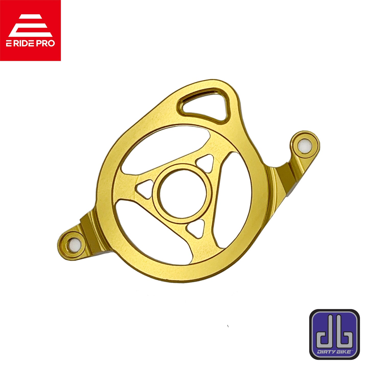 Gold aluminum CNC motor sprocket cover for Surron LBX eRide Pro by eDirtyBike, protects and enhances the motor area.