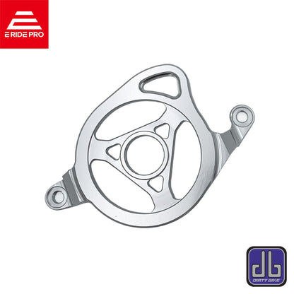 Silver aluminum CNC motor sprocket cover for Surron LBX bikes, designed by eDirtyBike for E Ride Pro models.
