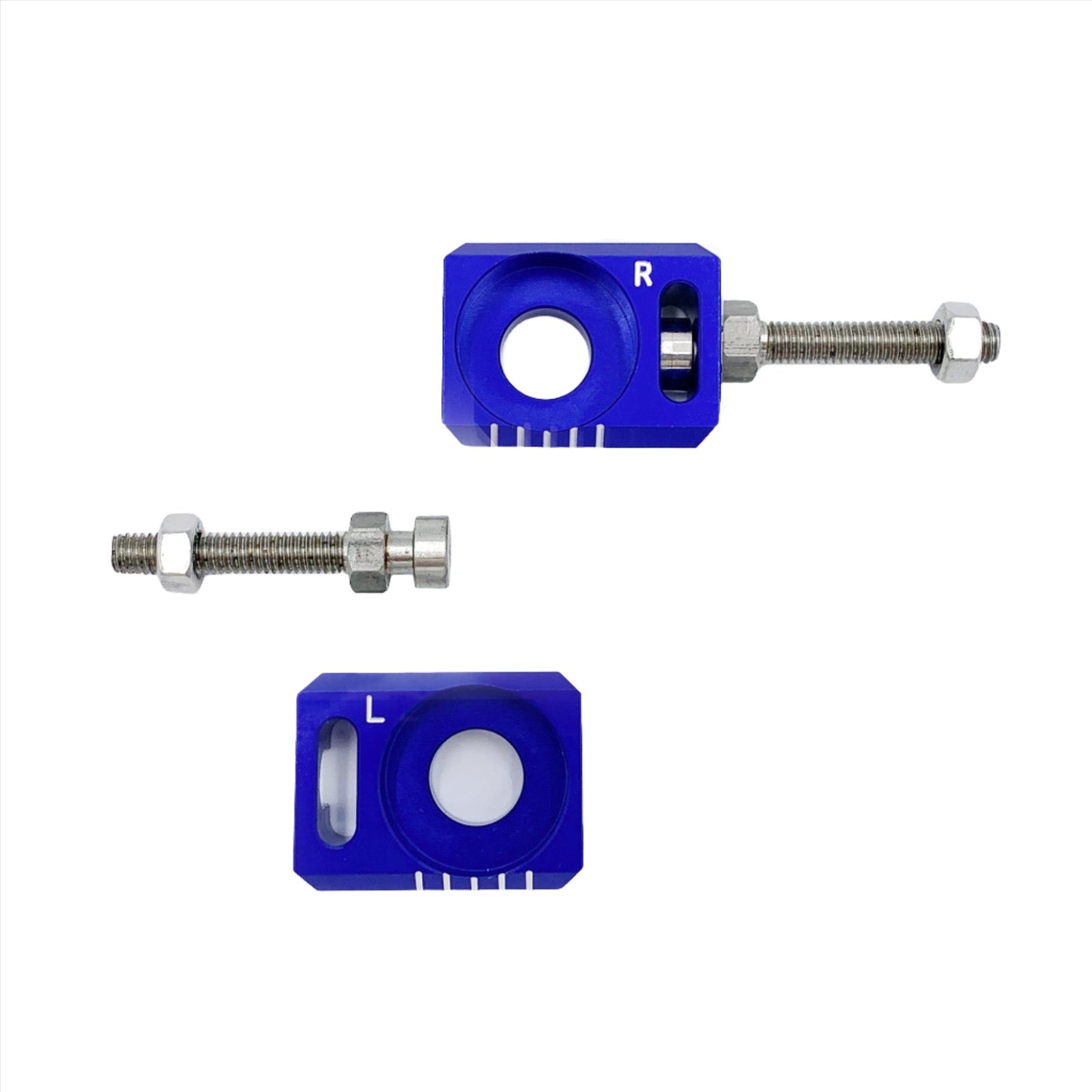 Blue aluminum axle blocks for Surron LBX, Talaria Sting, and E Ride Pro eBike from eDirtyBike, designed for secure wheel attachment.