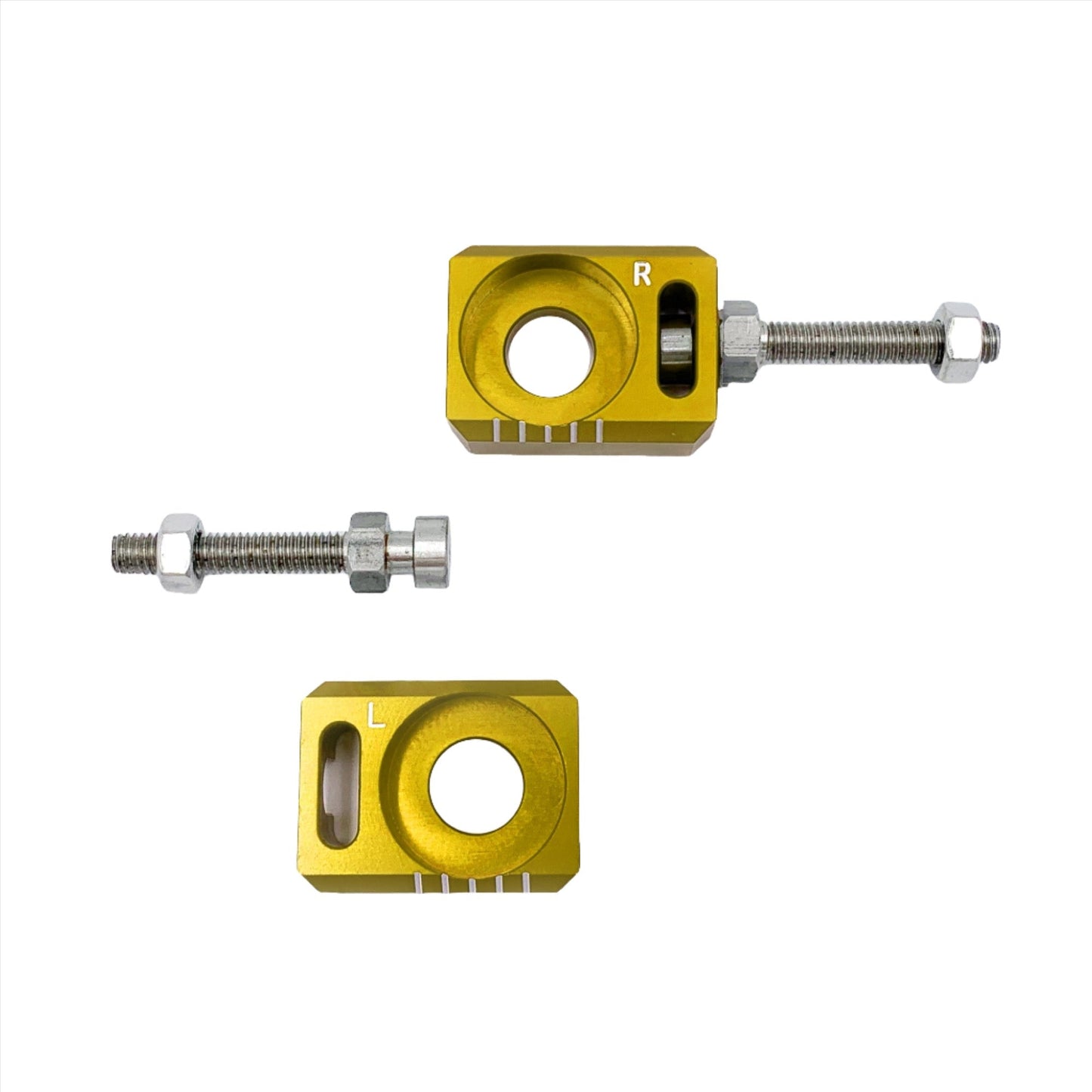 Gold aluminum axle blocks for Surron LBX, Talaria Sting, and E Ride Pro electric bikes by eDirtyBike.