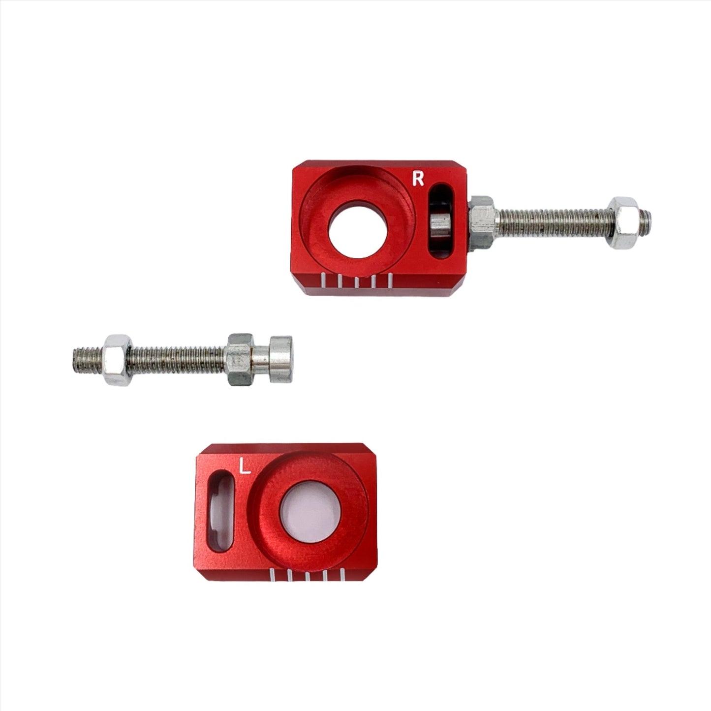 Red aluminum axle blocks for Surron LBX, Talaria Sting, and E Ride Pro electric bikes by eDirtyBike.
