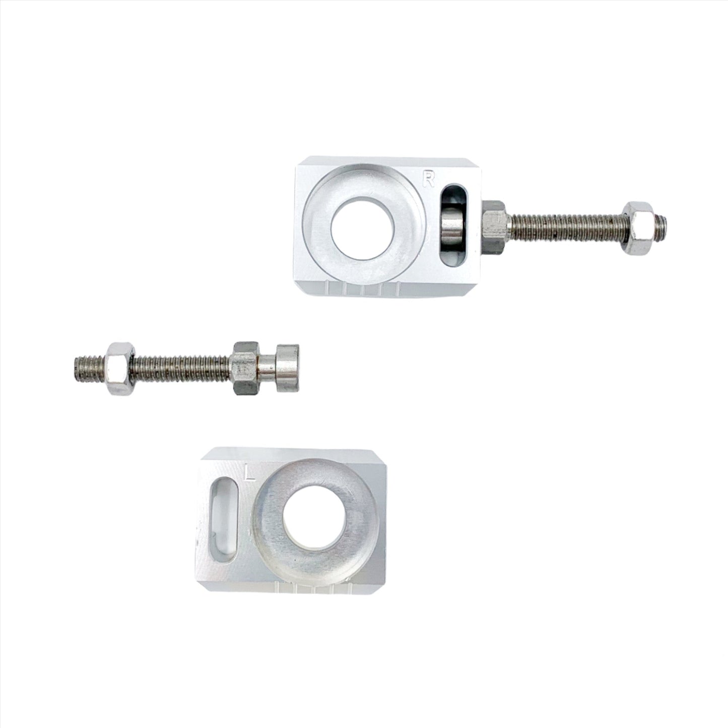 Silver aluminum axle blocks for Surron LBX, Talaria Sting, and E Ride Pro e-bikes by eDirtyBike, shown in the image.