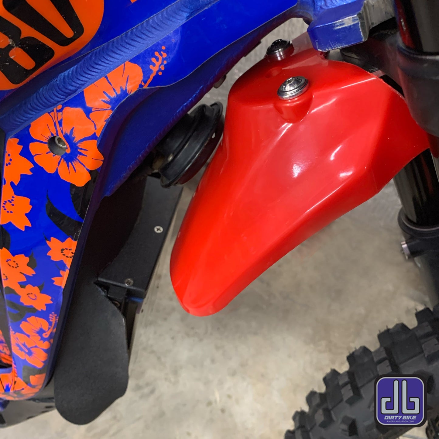 eDirtyBike high front fender mounting kit installed on Surron LBX and Talaria Sting electric bikes, showcasing durable fender attachment.