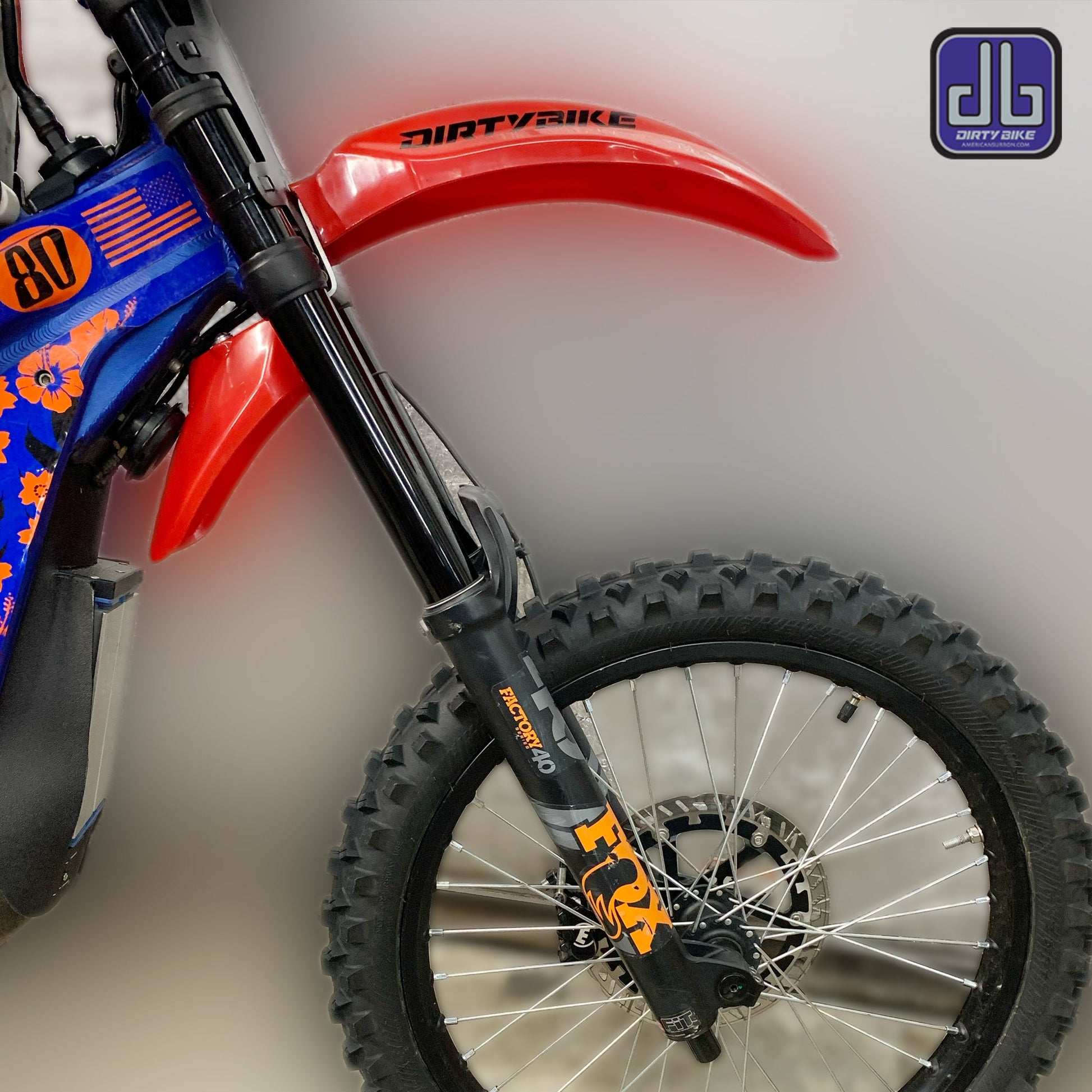 eDirtyBike high front fender mounting kit on Surron LBX and Talaria Sting electric bikes, showing installation on the bike's front.