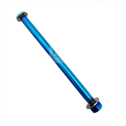 Blue titanium rear axle for Talaria Sting MX3 and MX4 electric bikes, compatible with eDirtyBike models.