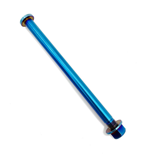 Blue titanium rear axle for Surron LBX electric bike, made by eDirtyBike, showcasing the lightweight, durable bike component.
