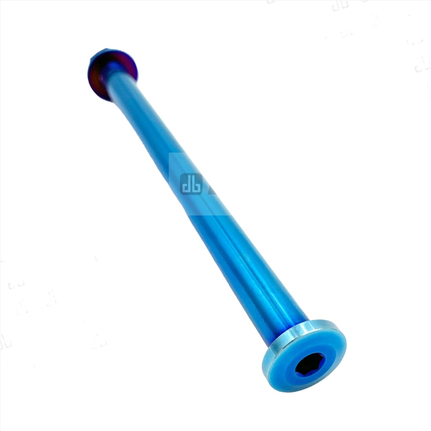 Blue titanium rear axle for Talaria Sting MX3 and MX4 electric bikes by eDirtyBike, sturdy and lightweight bike replacement part.
