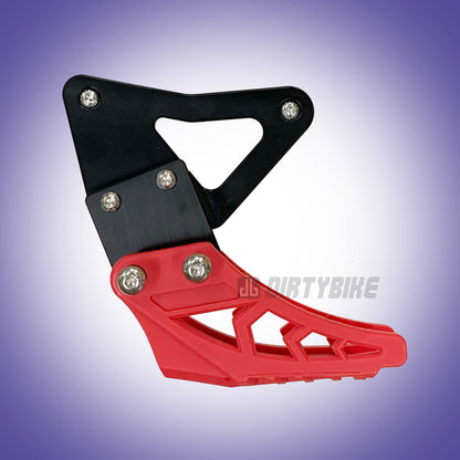 Black and red Talaria Sting chain guide kit by eDirtyBike for MX3 and MX4 motocross bikes, mounted on the bike.