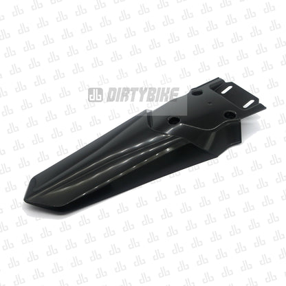 Black DirtyBike long rear fender for Talaria Sting MX3 and MX4 electric bikes, providing extended mud protection.