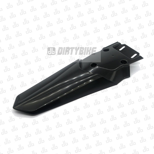 Black DirtyBike long rear fender for Talaria Sting MX3 and MX4 electric bikes, providing extended mud protection.