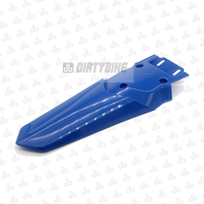 Blue DirtyBike long rear fender for Talaria Sting MX3 and MX4 motocross bikes, offering extended mud and debris protection.