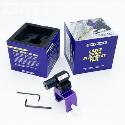eDirtyBike laser chain alignment tool for motorcycles, showing precise laser guides for accurate chain alignment.