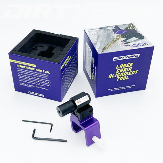 eDirtyBike laser chain alignment tool for motorcycles, showing precise laser guides for accurate chain alignment.