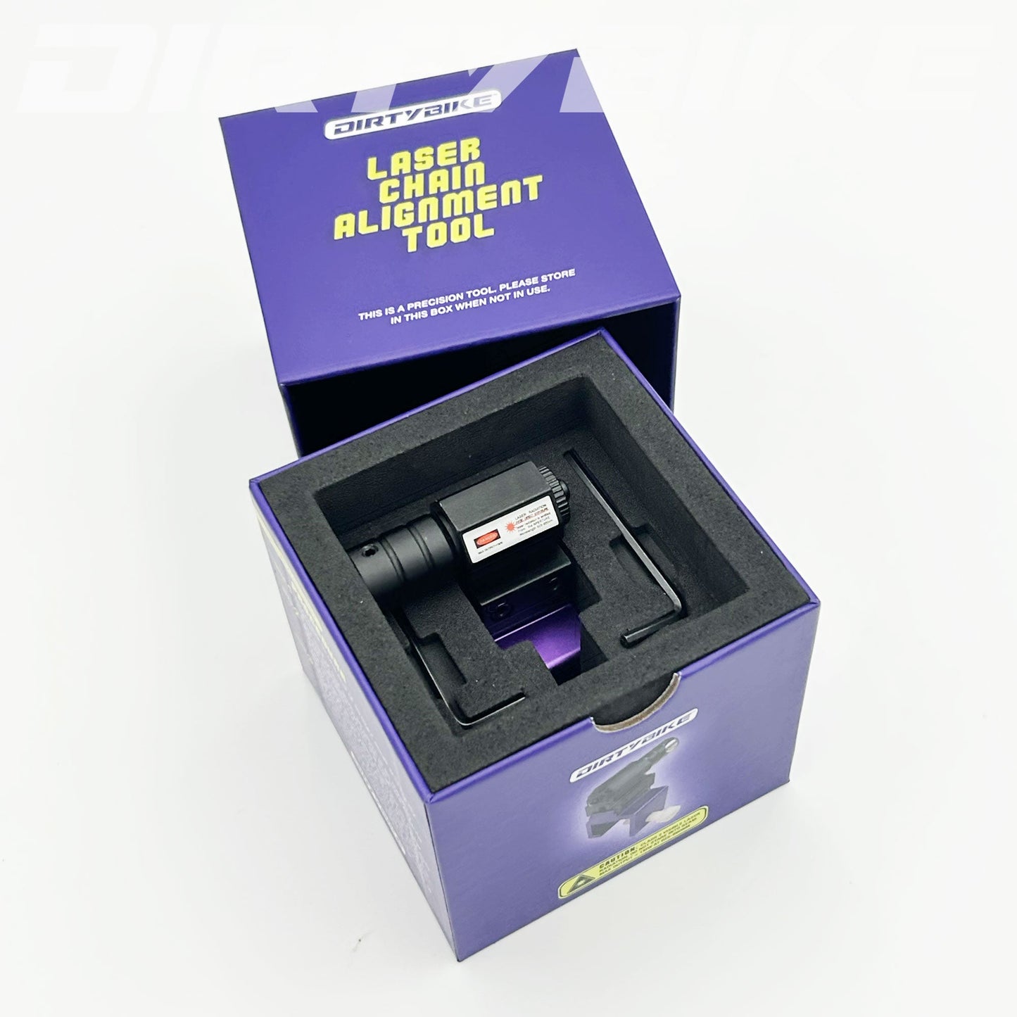 eDirtyBike laser chain alignment tool for motorcycles, showing precise laser lines for accurate chain alignment.