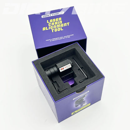 eDirtyBike laser chain alignment tool for motorcycles, showing precise laser lines for accurate chain alignment.