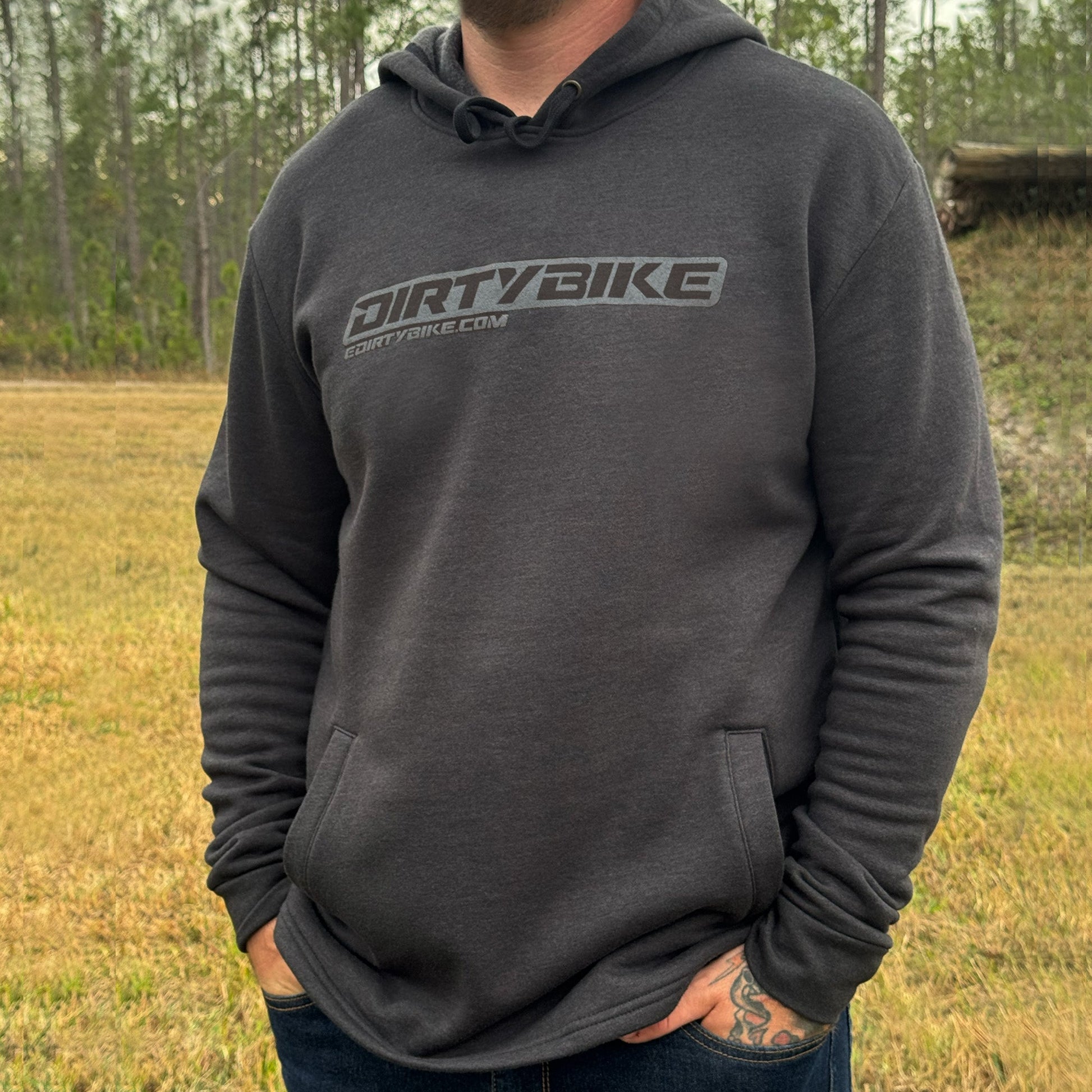 eDirtyBike hoodie front view showing casual fit, with logo detail on the chest and soft fabric texture.