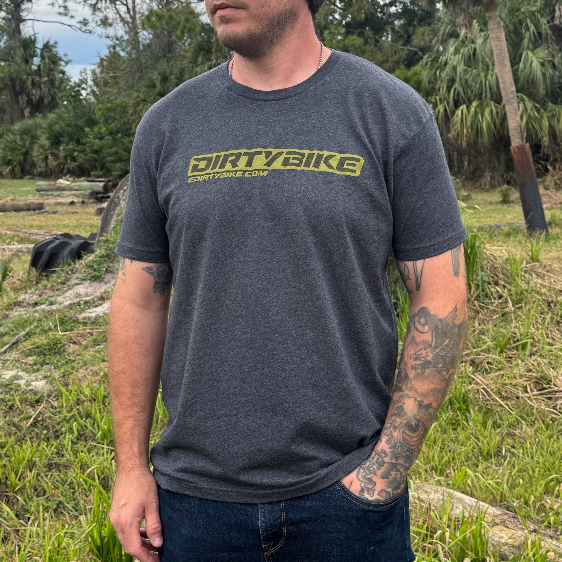 Gray eDirtyBike short sleeve T-shirt with front view design, casual shirt perfect for bike enthusiasts.