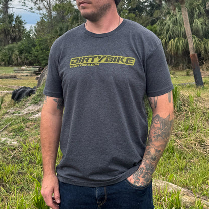 Gray eDirtyBike short sleeve T-shirt with front view design, casual shirt perfect for bike enthusiasts.