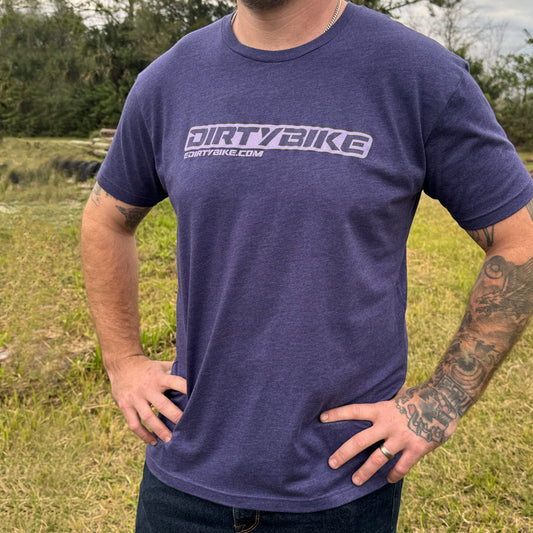 Purple eDirtyBike short sleeve T-shirt featuring a front view design, made from comfortable fabric, casual casualwear.