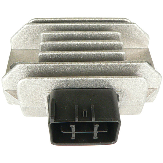 QuadBoss voltage regulator for Suzuki LT-F250 and Kawasaki KFX400, showing the black rectangular component with wiring.