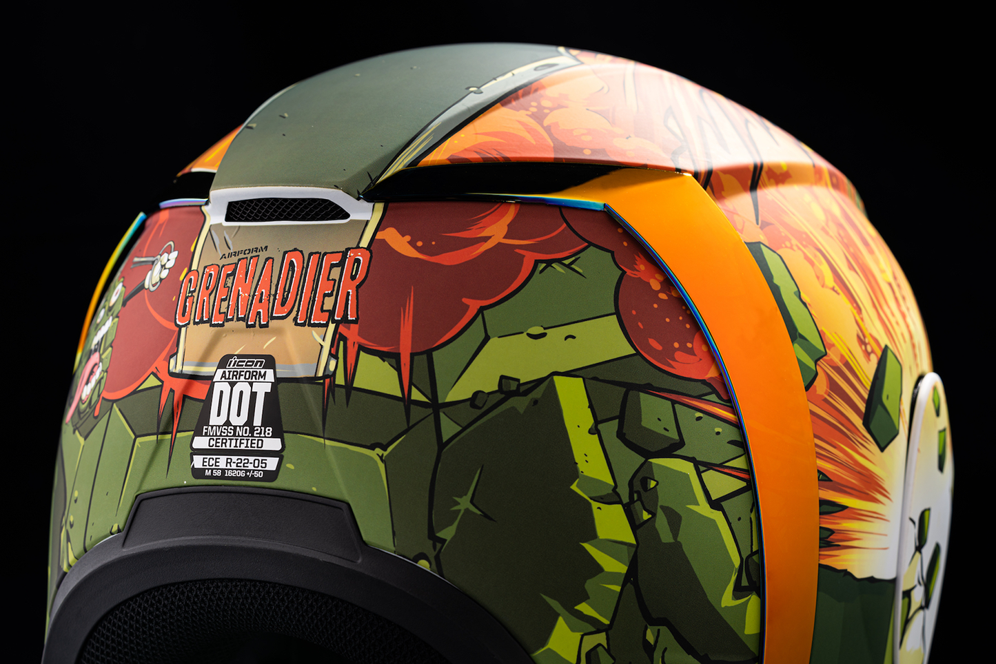Green ICON Airform™ Grenadier helmet in small size, featuring a sleek design and adjustable strap for motorcycle safety.