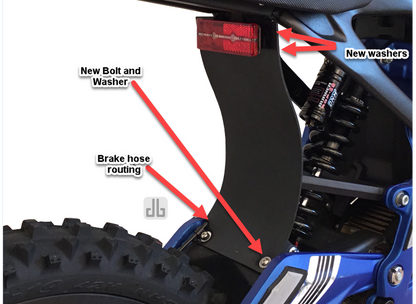 eDirtyBike Shock Protector mud guard for Surron LBX XL seat extensions, shown with installation instructions.