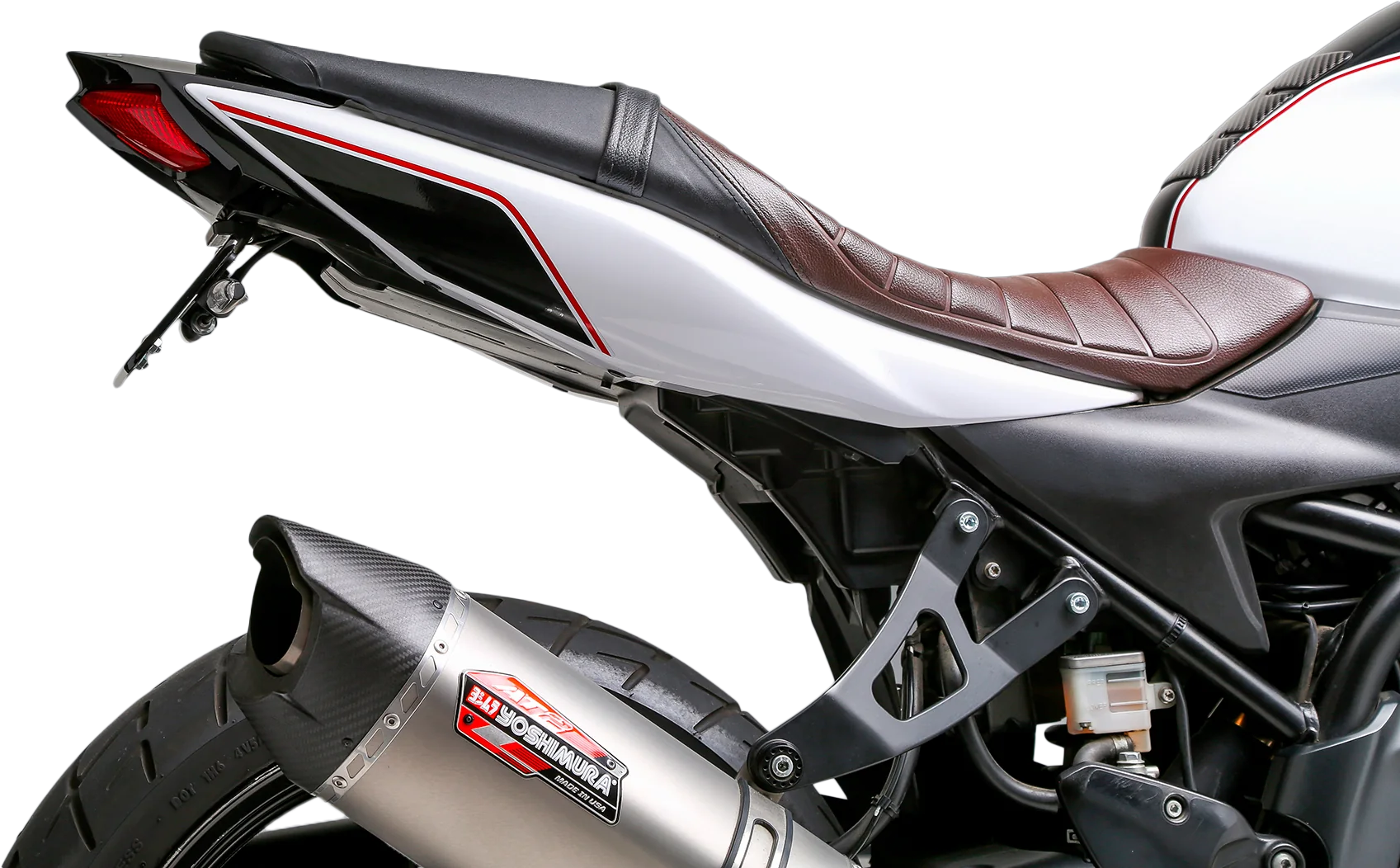 YOSHIMURA V2 Fender Eliminator Kit for Suzuki motorcycles, showing black and silver mounting hardware and sleek design