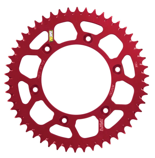 Red 52-tooth ProTaper sprocket for Husqvarna, KTM, and Gas Gas dirt bikes, showcasing durability and precision engineering.