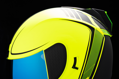 Bill's Exhausts ICON Airform™ Helmet Resurgent Hi-Viz in medium, showing bright yellow and black safety helmet with vents and sleek design.