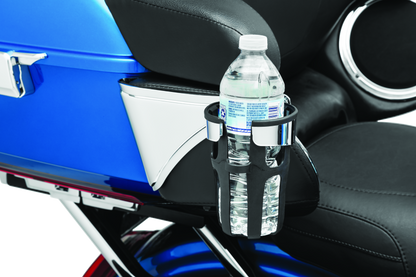 Kuryakyn Reflex drink holder attached to the right side passenger mount on a Harley-Davidson touring motorcycle