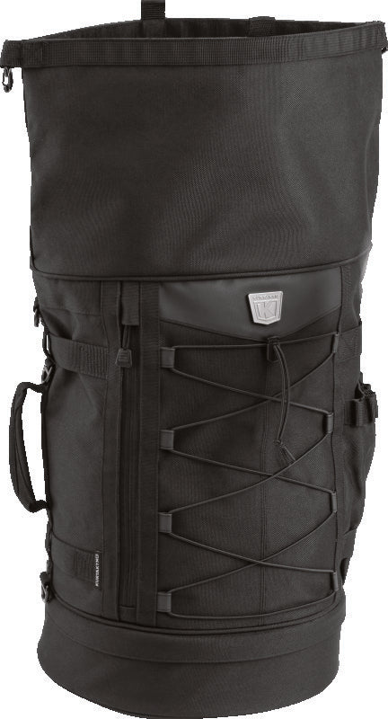 Kuryakyn Momentum Freeloader Duffle bag mounted on powersports sissy bar, featuring quick-mount design for easy attachment.