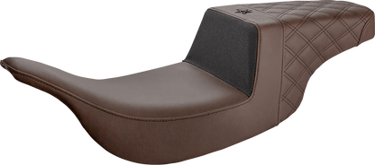 Front saddle seat by SADDLEMEN Unknown Industries with black carbon fiber, gripper lumbar, and lattice stitch rear for motorcycle.