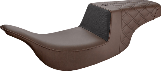 Front saddle seat by SADDLEMEN Unknown Industries with black carbon fiber, gripper lumbar, and lattice stitch rear for motorcycle.