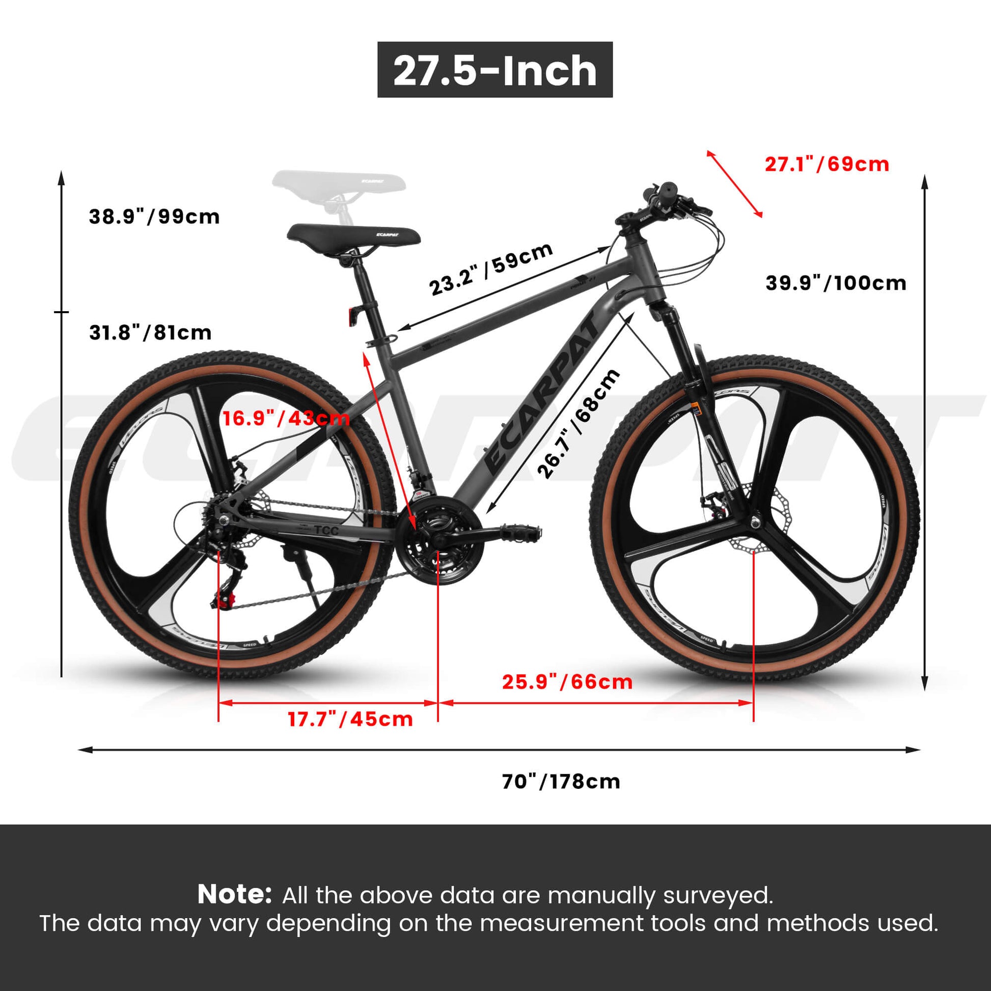 Hycline Ecarpat Cirge MTB 27.5-inch bicycle with rugged frame and knobby tires, ideal for mountain biking adventures.