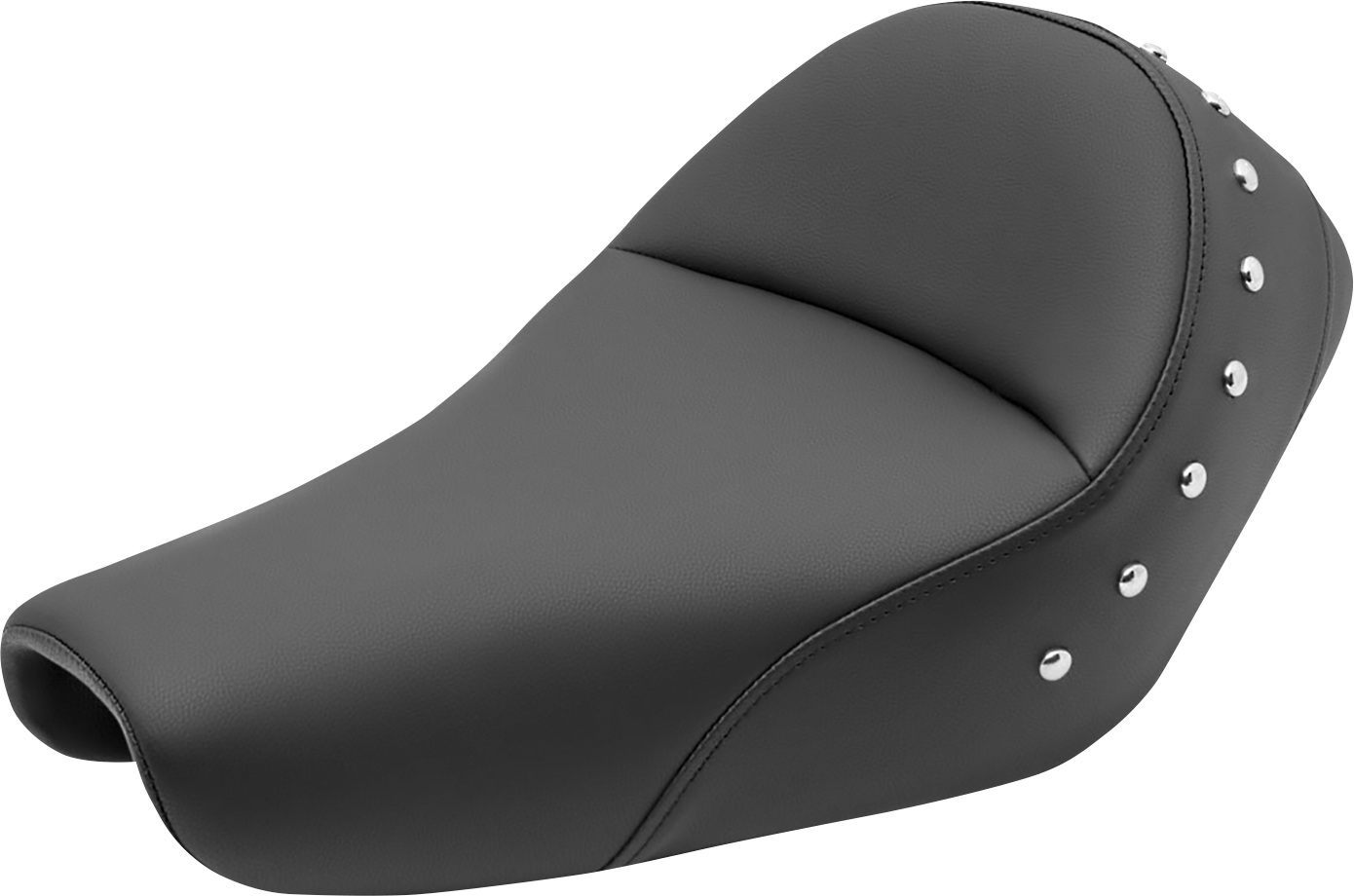 Black SADDLEMEN Heels Down Solo Seat for motorcycles, studded design without backrest, by Bill's Exhausts.