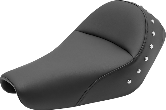 Black SADDLEMEN Heels Down Solo Seat for motorcycles, studded design without backrest, by Bill's Exhausts.