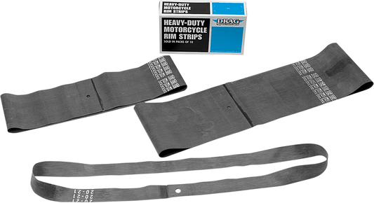 Set of 10 DRAG SPECIALTIES 15-inch by 5-inch rim strips with center valve hole for motorcycle wheels.