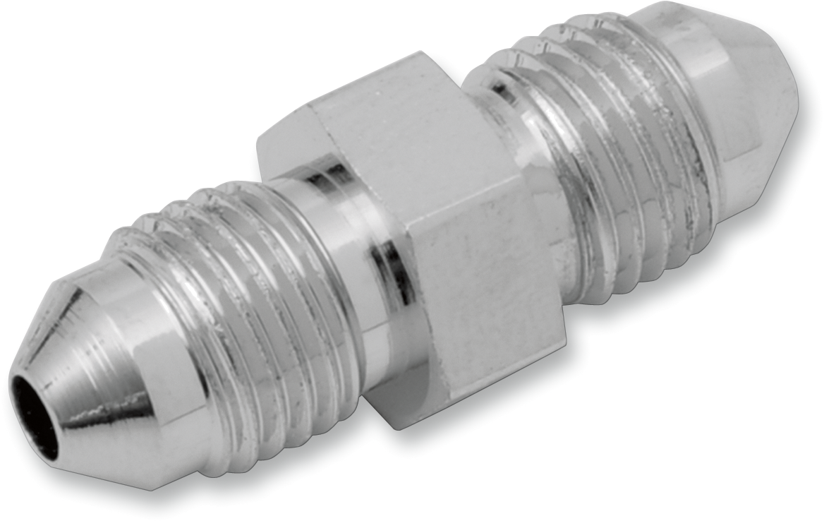 DRAG SPECIALTIES #3 Flare Union 633 made in the U.S.A., metal motorcycle flare fitting with threaded ends for fuel or brake lines.